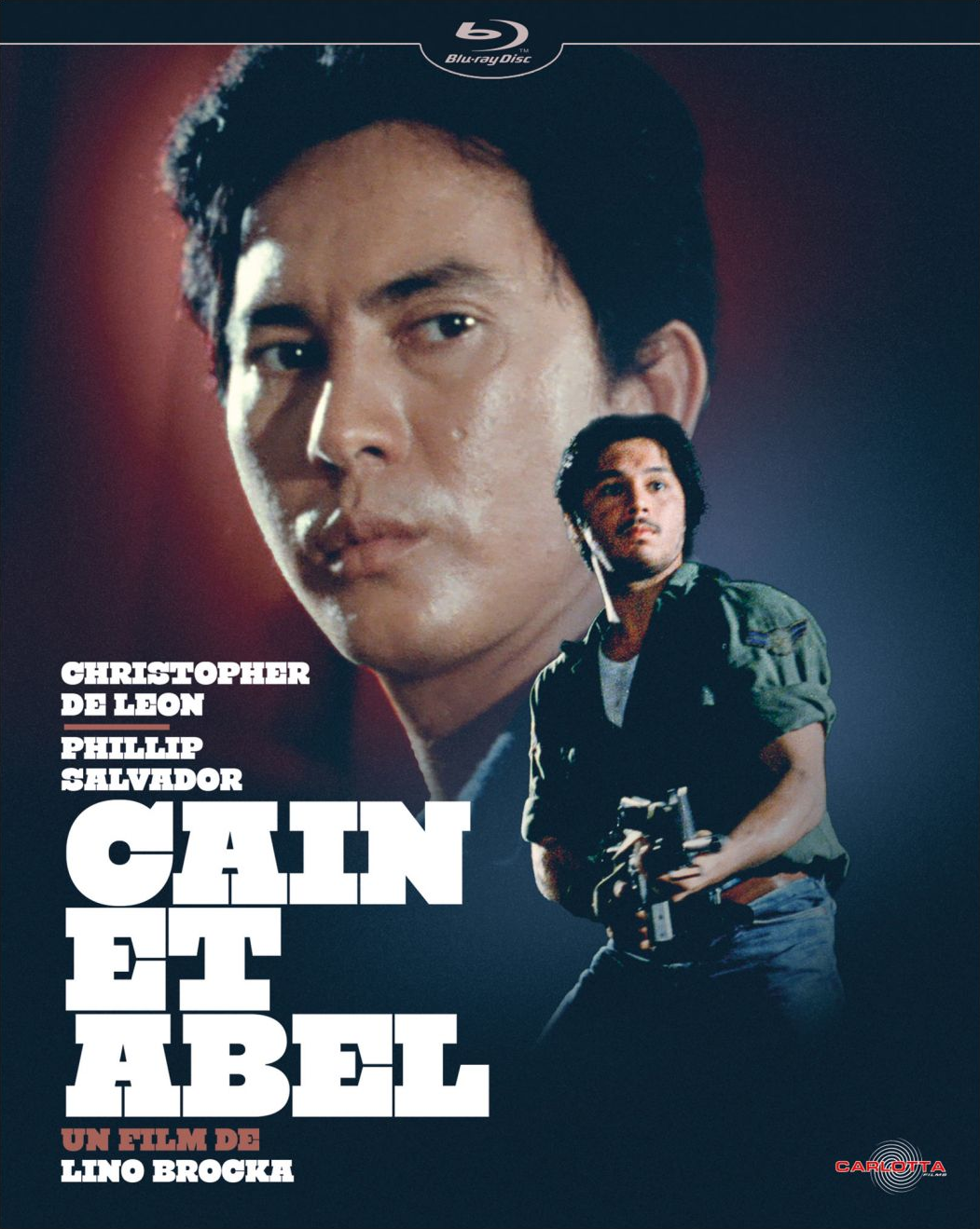 Filmposter voor Cain et Abel. Toont twee mannen. Eén grote close-up, de andere met een geweer. Donkere achtergrond.