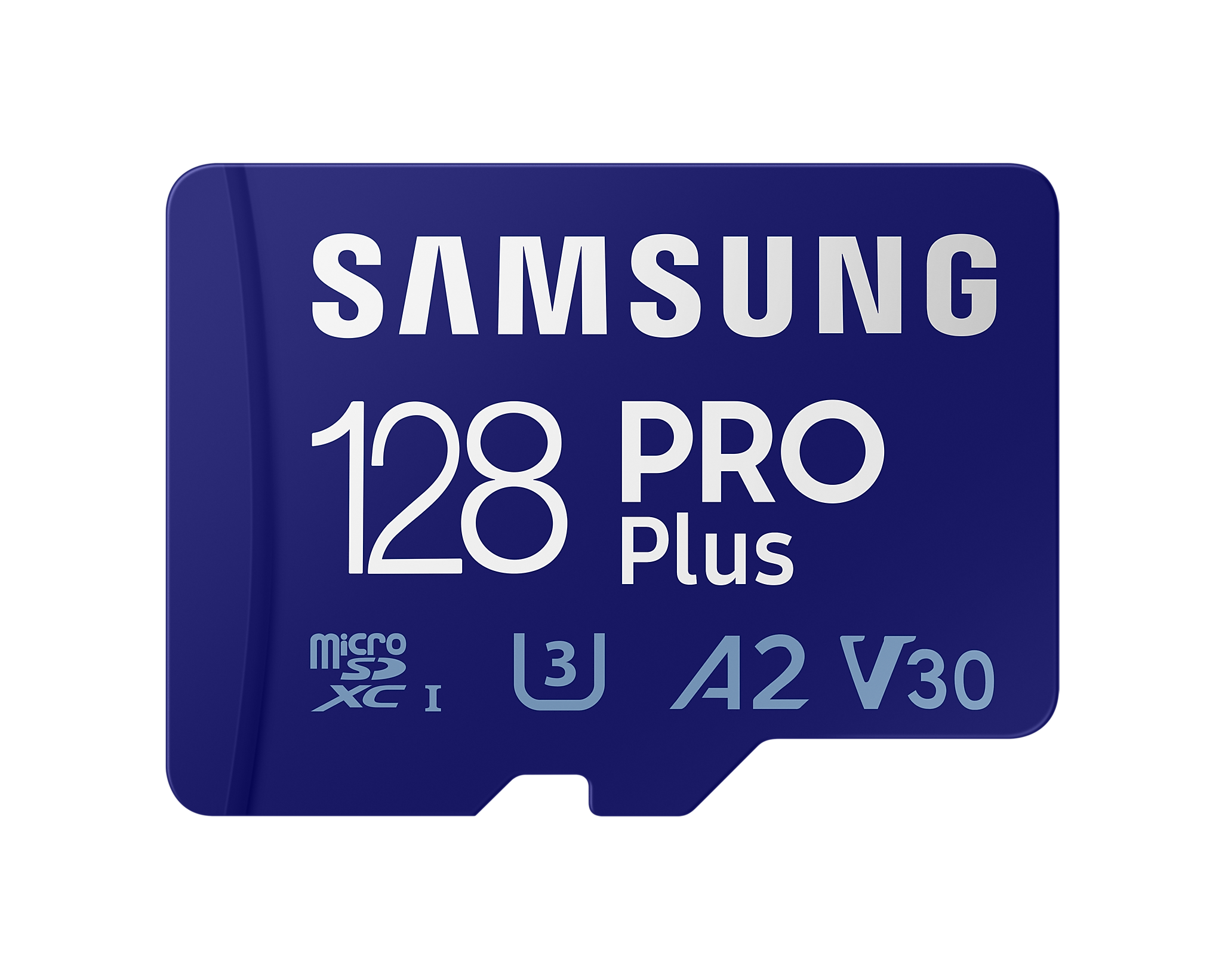 Een blauwe Samsung 128 PRO Plus Micro SD-kaart met tekst en logo's. Zwarte achtergrond.