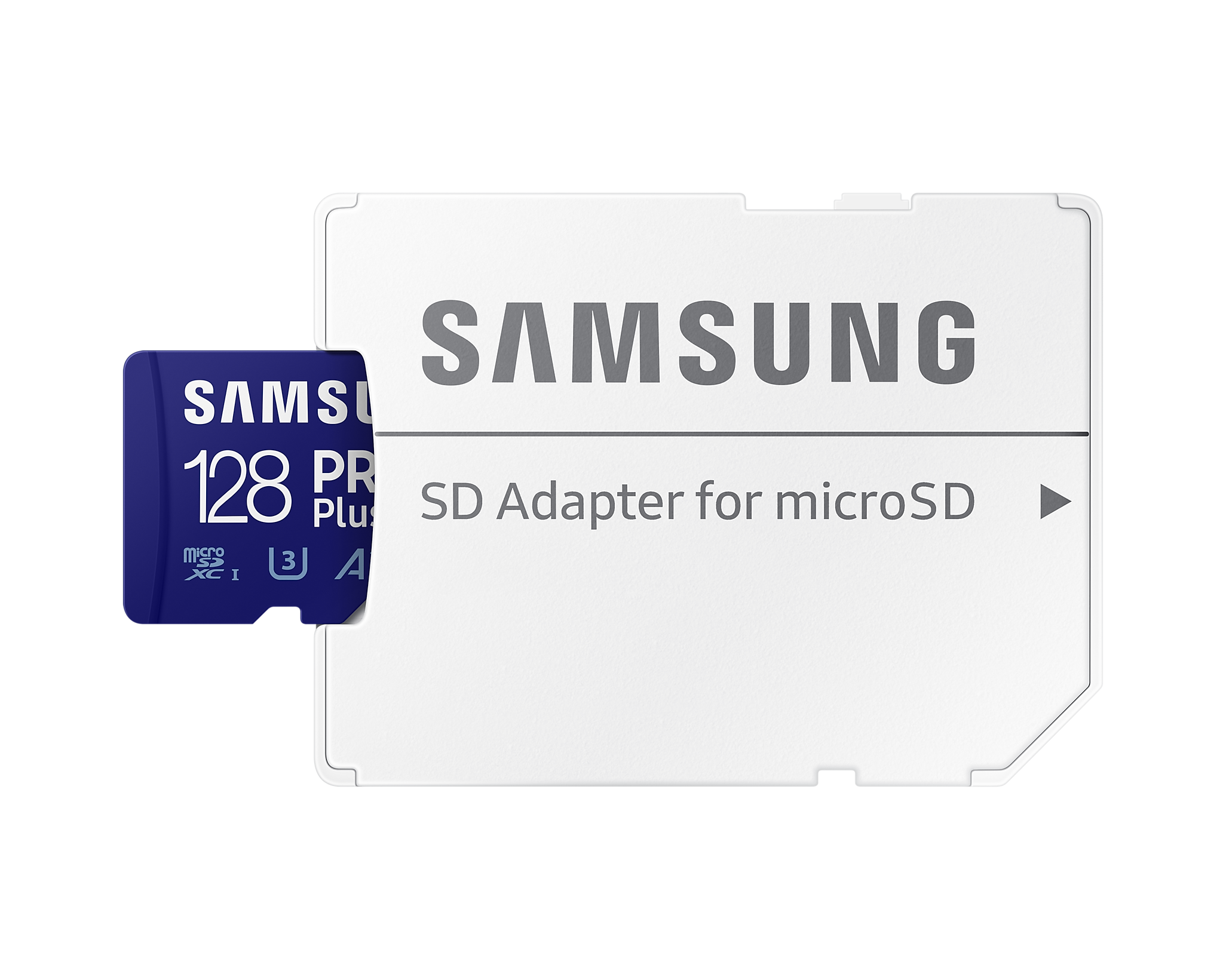 Een Samsung SD-kaart en een SD-adapter voor microSD, beide tegen een zwarte achtergrond.