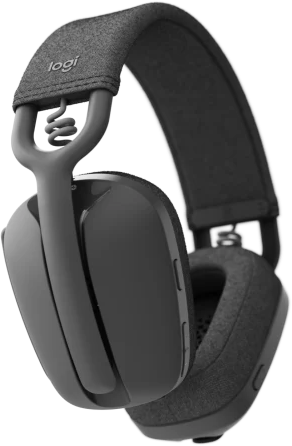 Fekete Logitech fejhallgató szürke fejpánttal és fülpárnákkal, fehér háttér előtt.