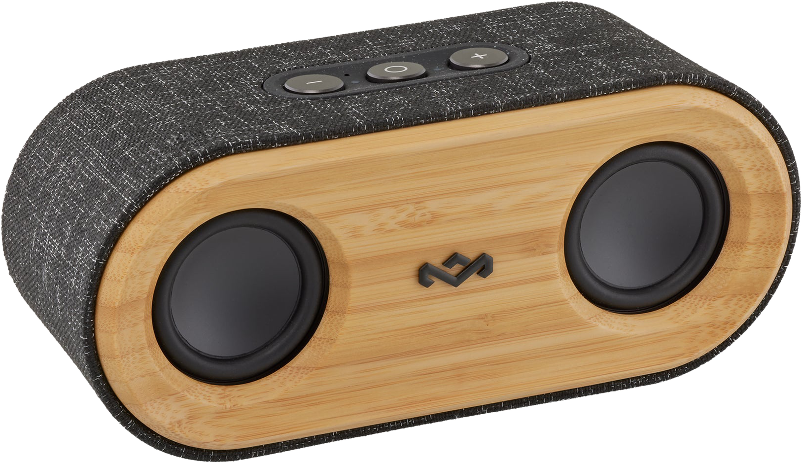 Ovális alakú Bluetooth hangszóró bambusz előlappal és szövet tetővel.