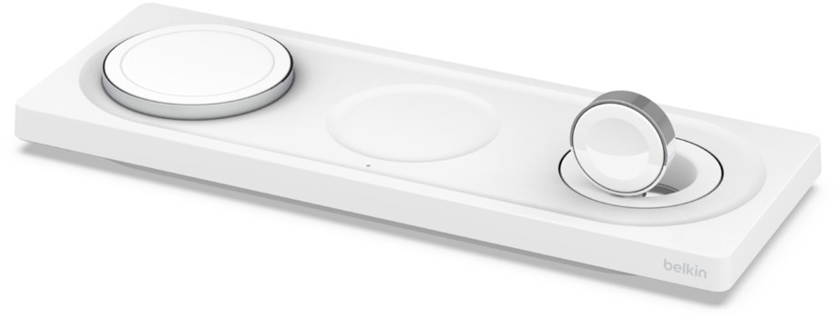Wit oplaadstation voor Apple Watch en telefoon, met een metalen accent.
