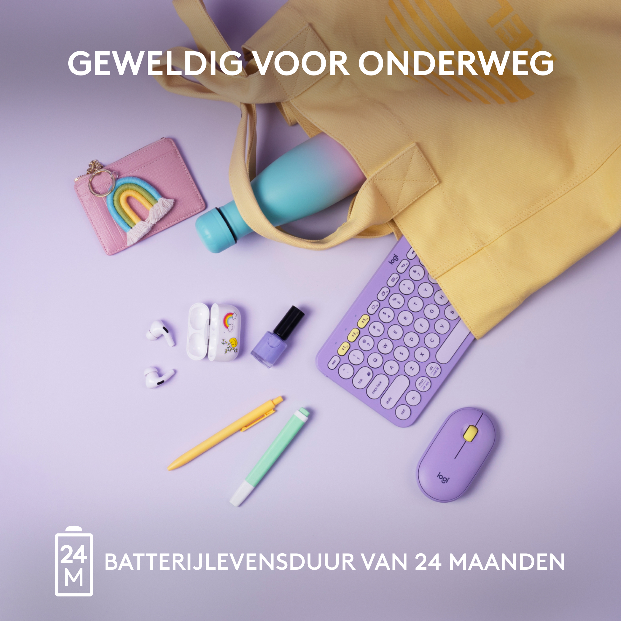 Verschillende kleurrijke accessoires gerangschikt op een paars oppervlak met tekst.