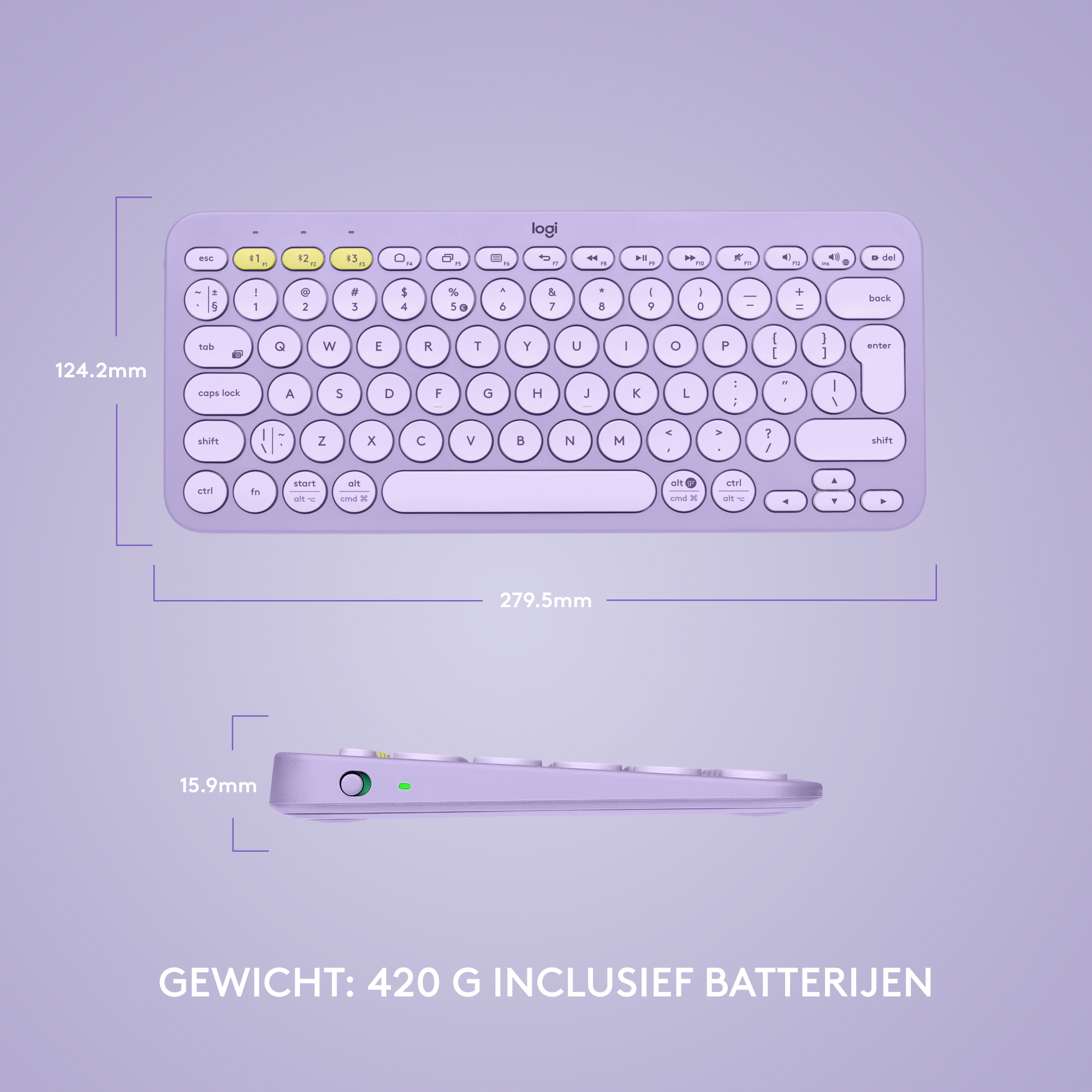 Een lavendelkleurig toetsenbord met afmetingen en een zijaanzicht, met gewichtsinformatie.