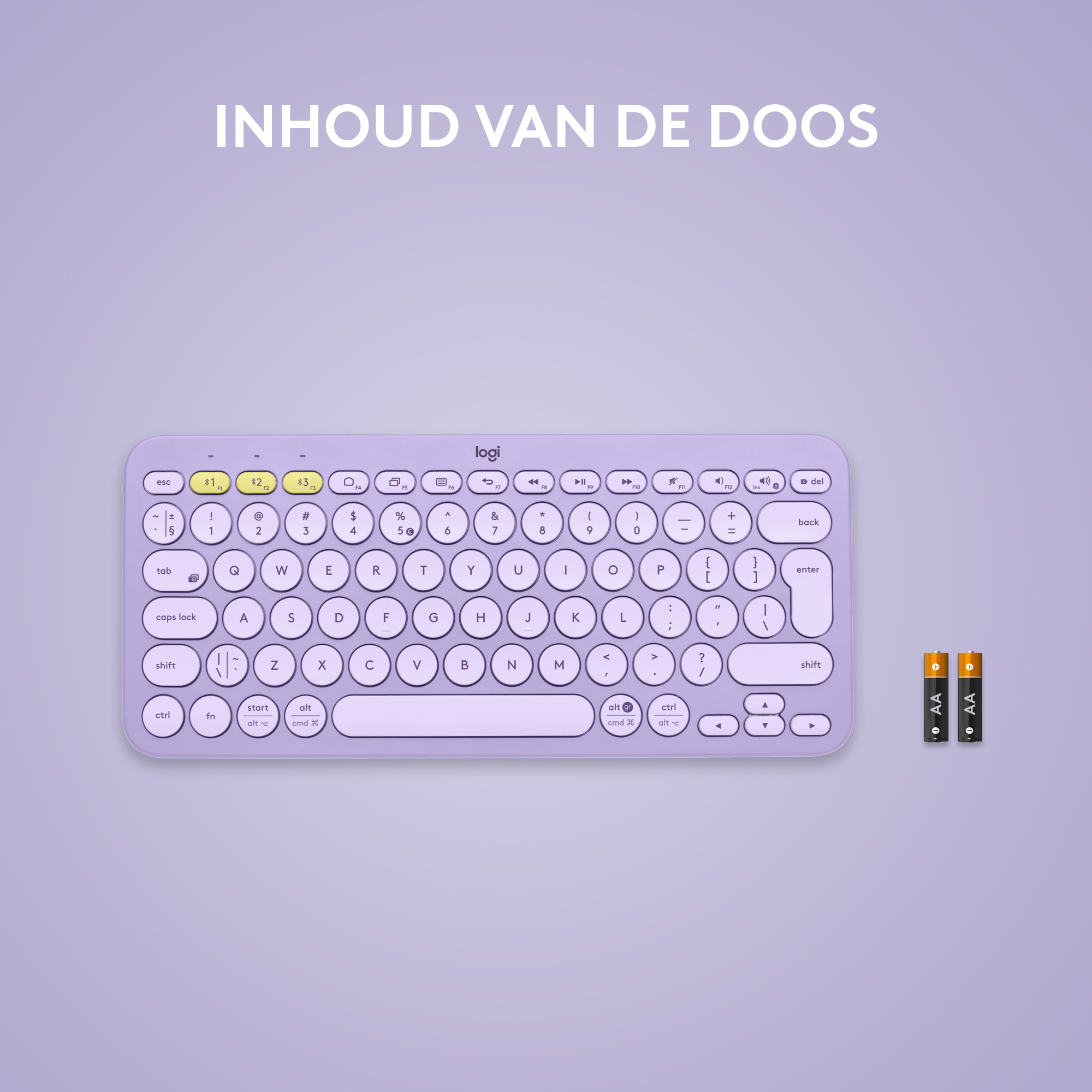 Paars toetsenbord met ronde toetsen en twee AA-batterijen op een paars oppervlak.