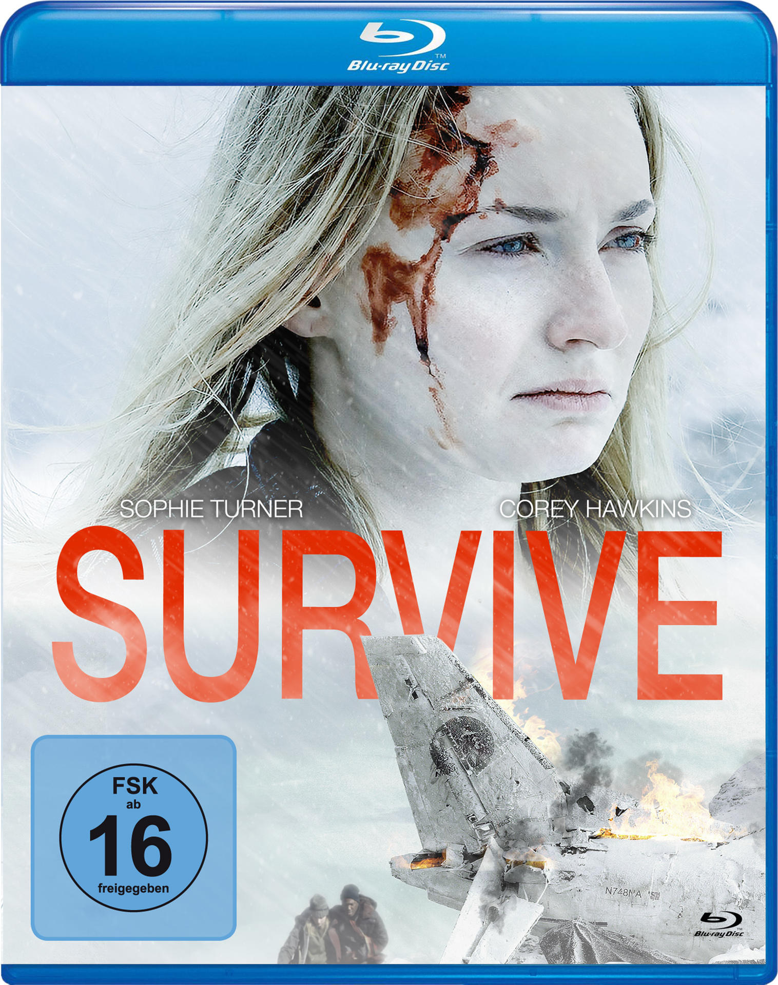DVD-Cover: Survive, mit Sophie Turner. Ein Flugzeugabsturz ist im Hintergrund, bedeckt mit Schnee.