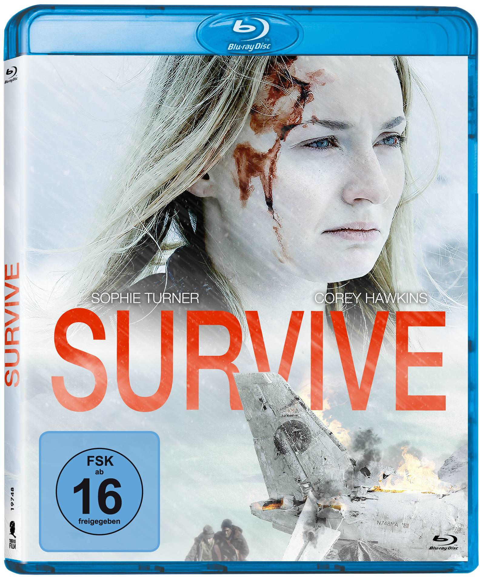 Ein Filmcover mit einer Frau, Blut im Gesicht und einem abgestürzten Flugzeug.