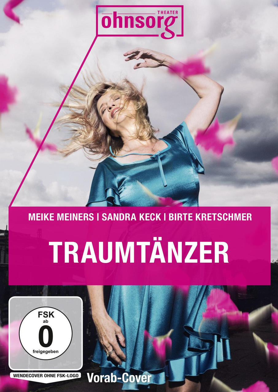 DVD-Cover für 'Traumtänzer'. Eine Frau in blauem Kleid tanzt. Rosa Blütenblätter fallen um sie herum.