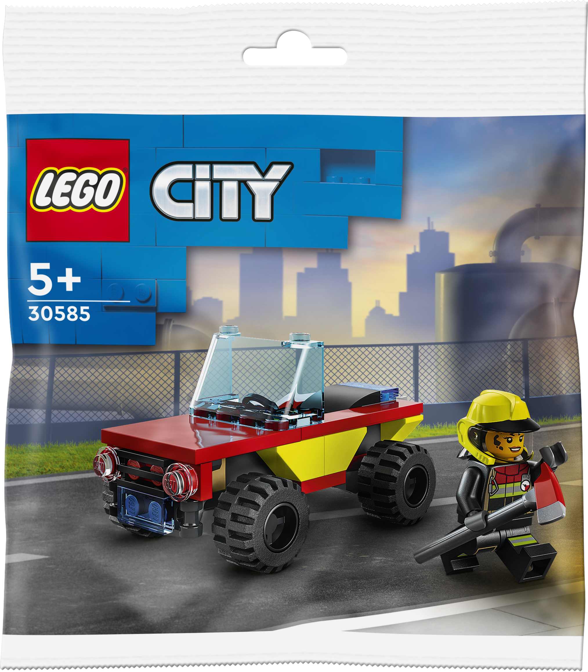 LEGO City Spielzeugset in einer Plastiktüte. Enthält einen roten Truck und eine Feuerwehrfigur.