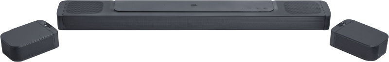 Dunkelgraue Soundbar und zwei passende Satellitenlautsprecher.