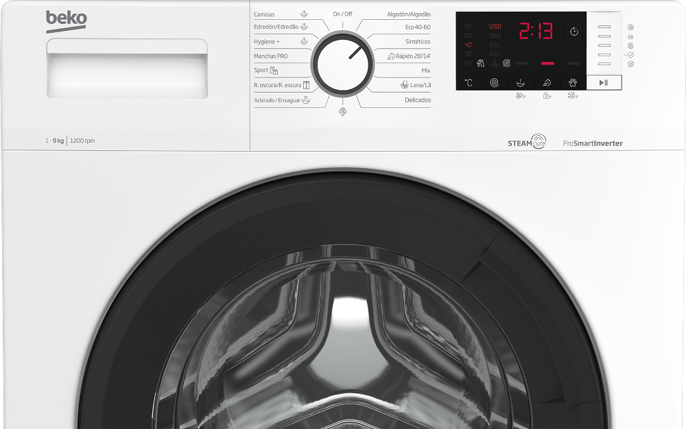 Se muestra una lavadora Beko blanca, con una puerta negra y panel de control.