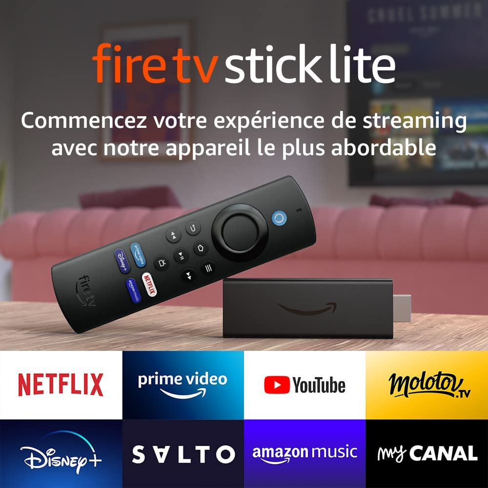 Un Fire TV Stick Lite et une télécommande sont sur une table avec des logos de services de streaming.