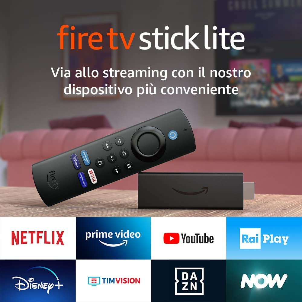 Fire TV Stick Lite, télécommande et icônes d'applications de streaming. Le texte fait de la pub.