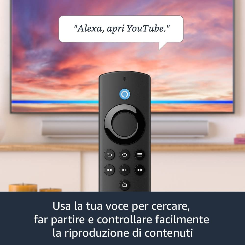 Une télécommande noire avec un bouton bleu et la phrase 'Alexa, ouvre YouTube'.