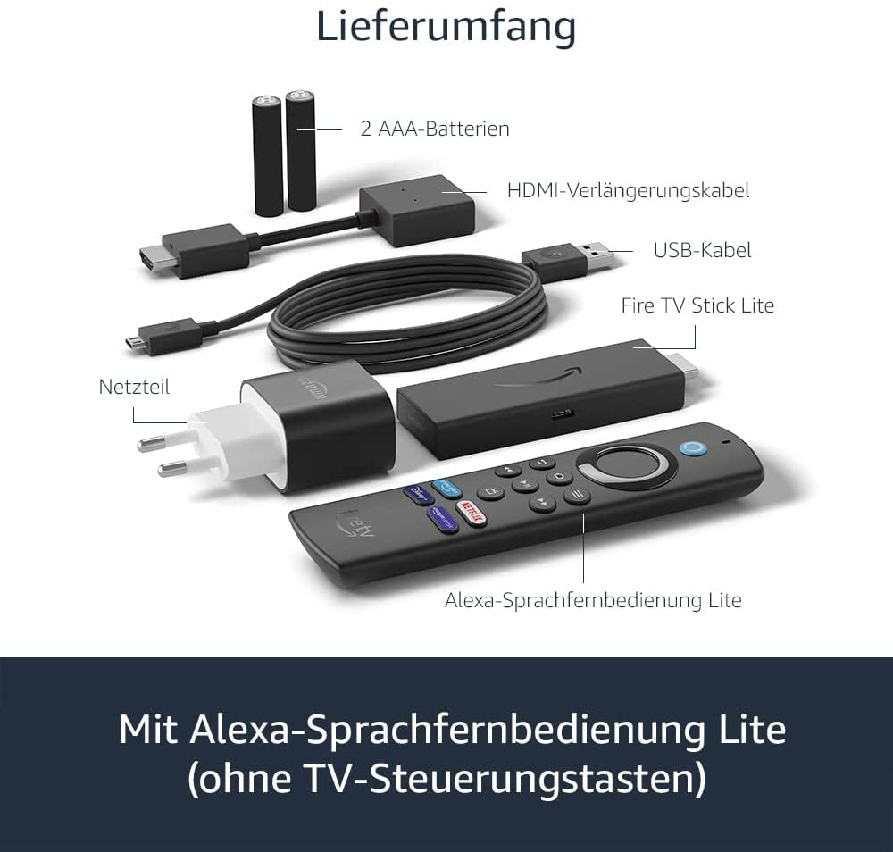 Contenu d'une boîte de produit, comprenant une télécommande, un câble HDMI et un adaptateur secteur.