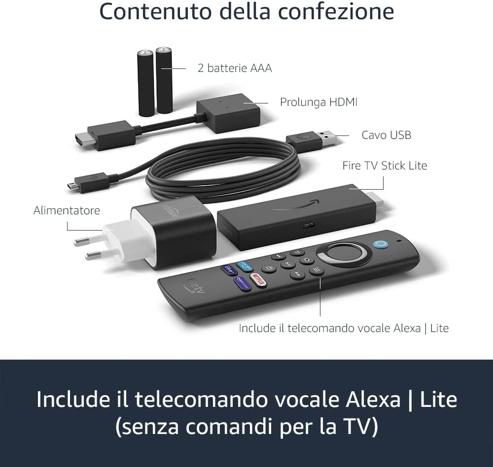 Affichage du produit avec divers composants Fire TV Stick Lite, dont une télécommande et des câbles.