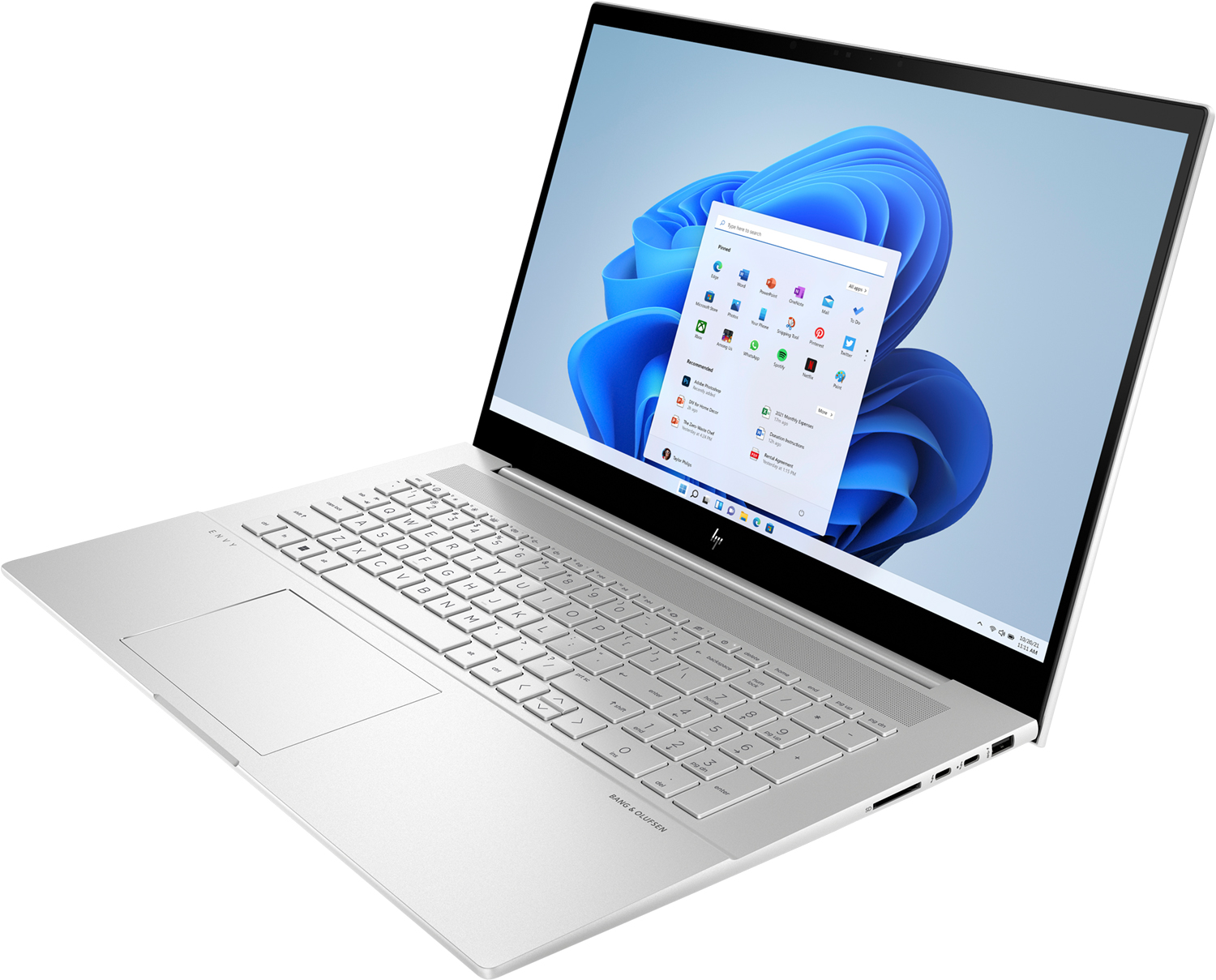 Witte laptop met Windows 11-interface, iets gekanteld.