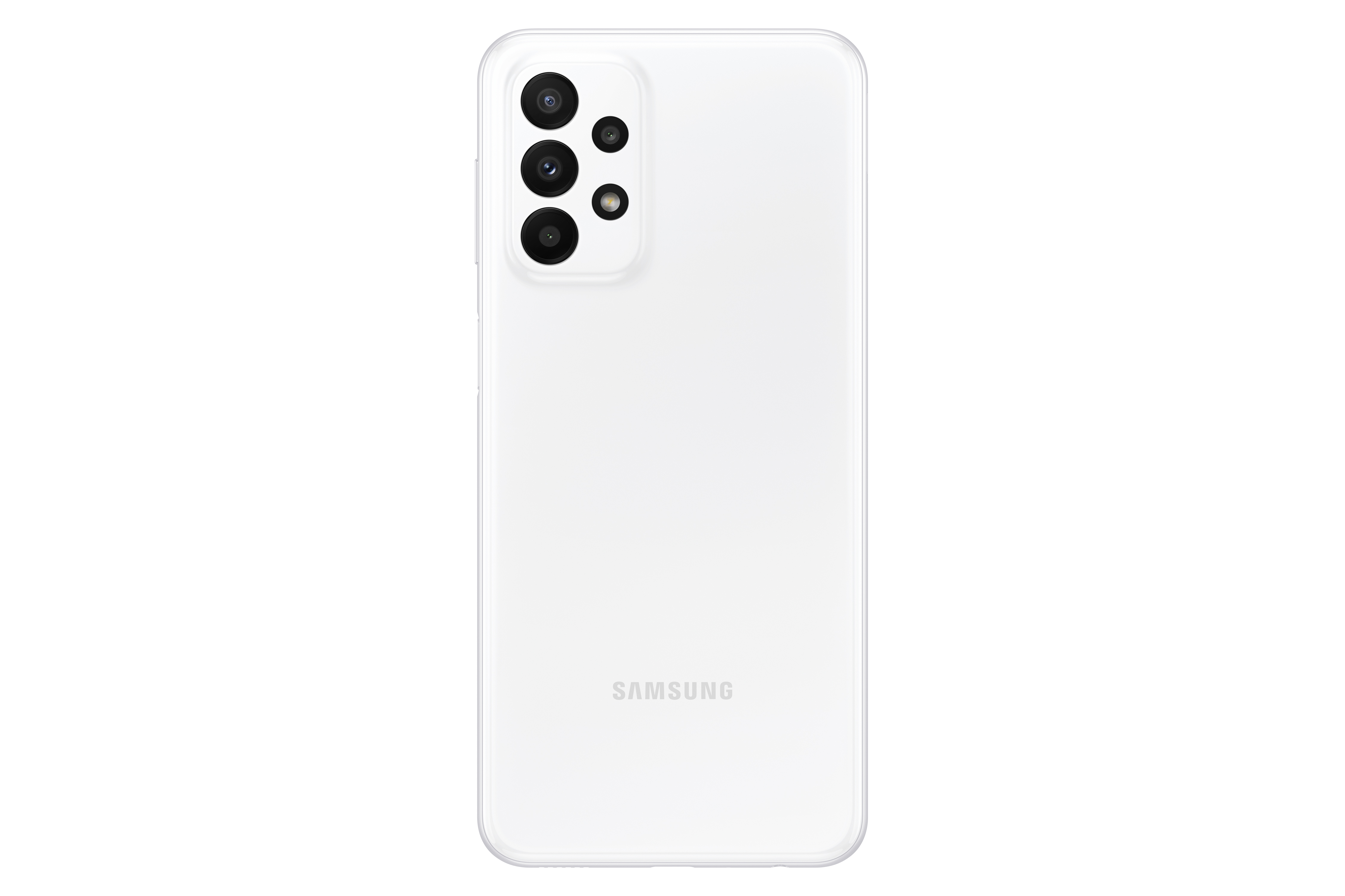 Çoklu kameralı beyaz bir akıllı telefonun arkası, Samsung logosu ile.