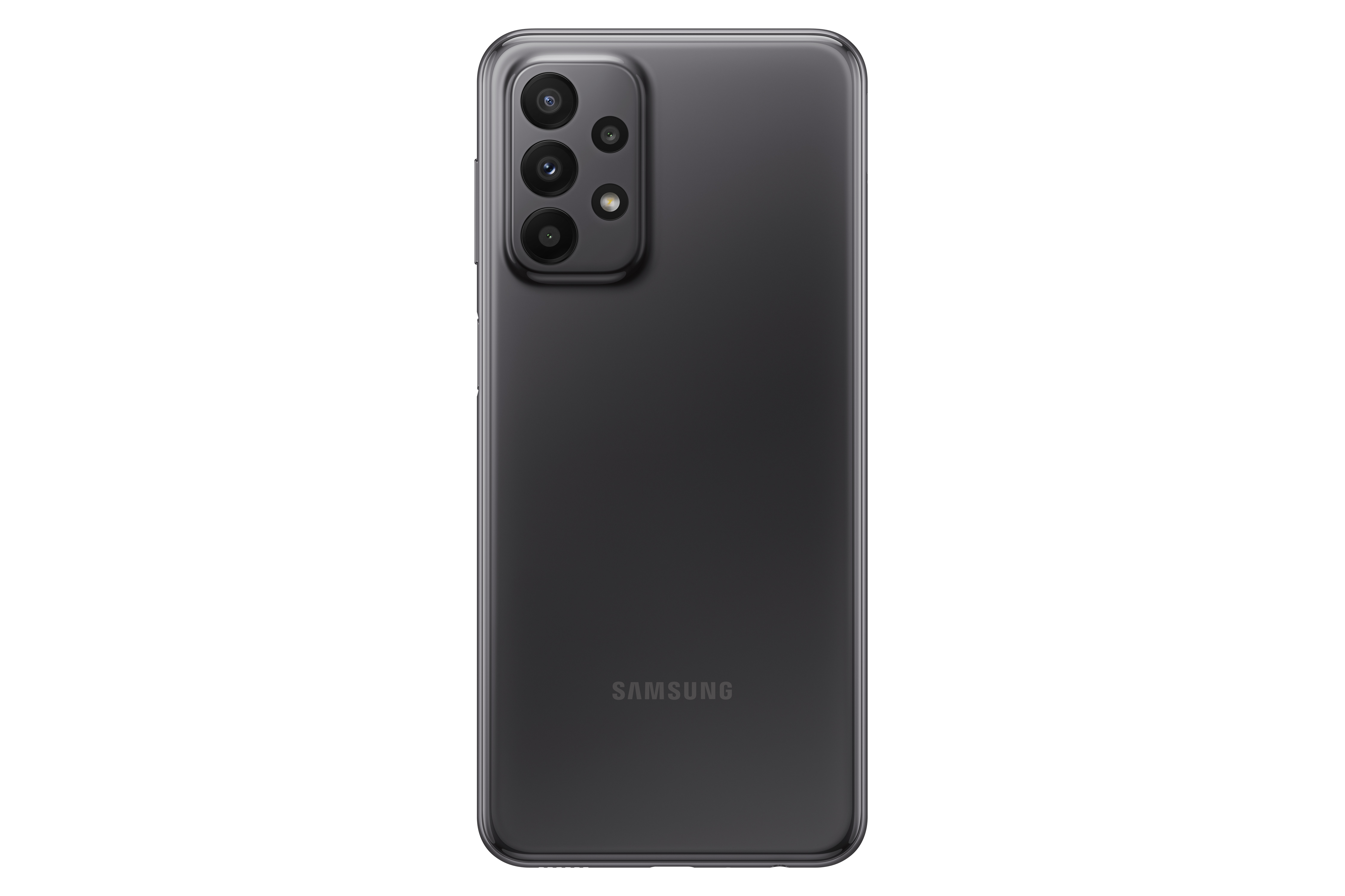 Siyah bir Samsung telefonun arkası, kamera dizisini ve Samsung logosunu gösteriyor.