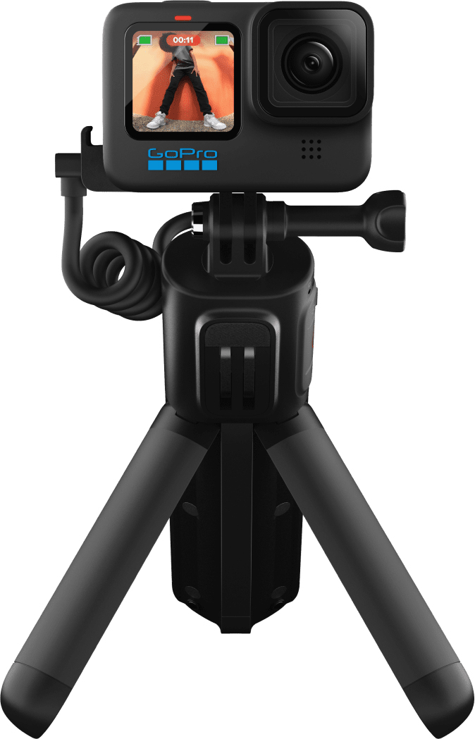 Black GoPro camera on a tripod. It is showing a person on the screen.