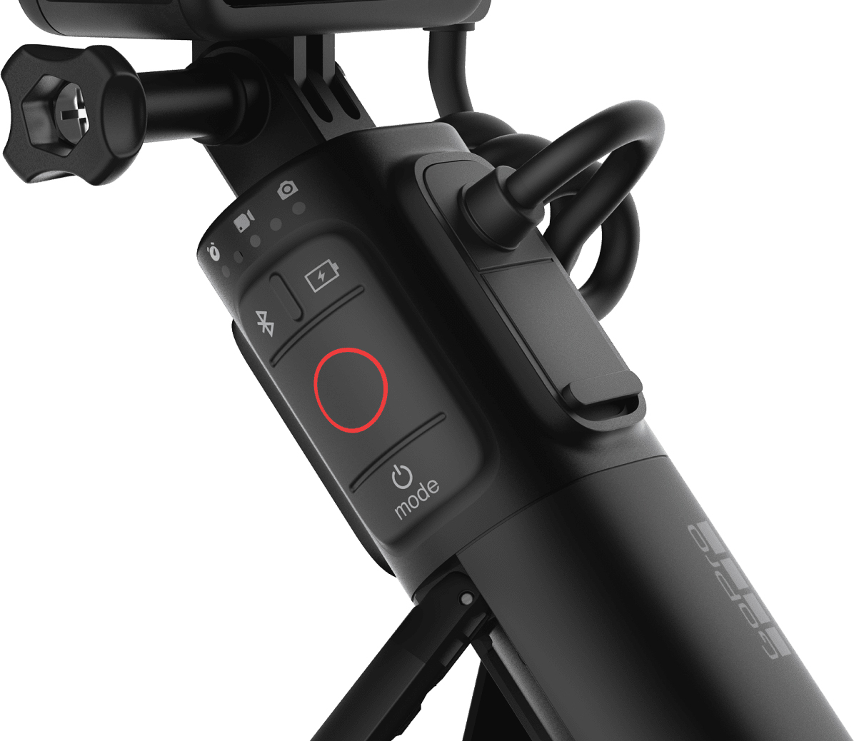 Black GoPro handle with a red power button. White background.