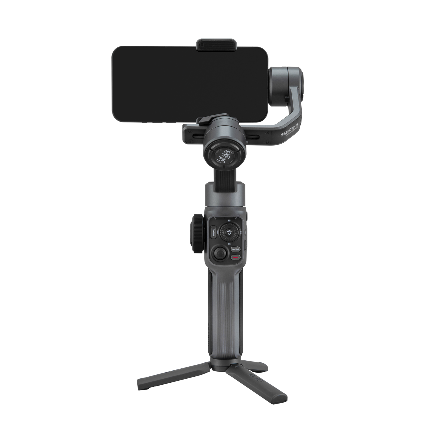 Een zwarte gimbal met een telefoon, op een statief. De achtergrond is zwart.