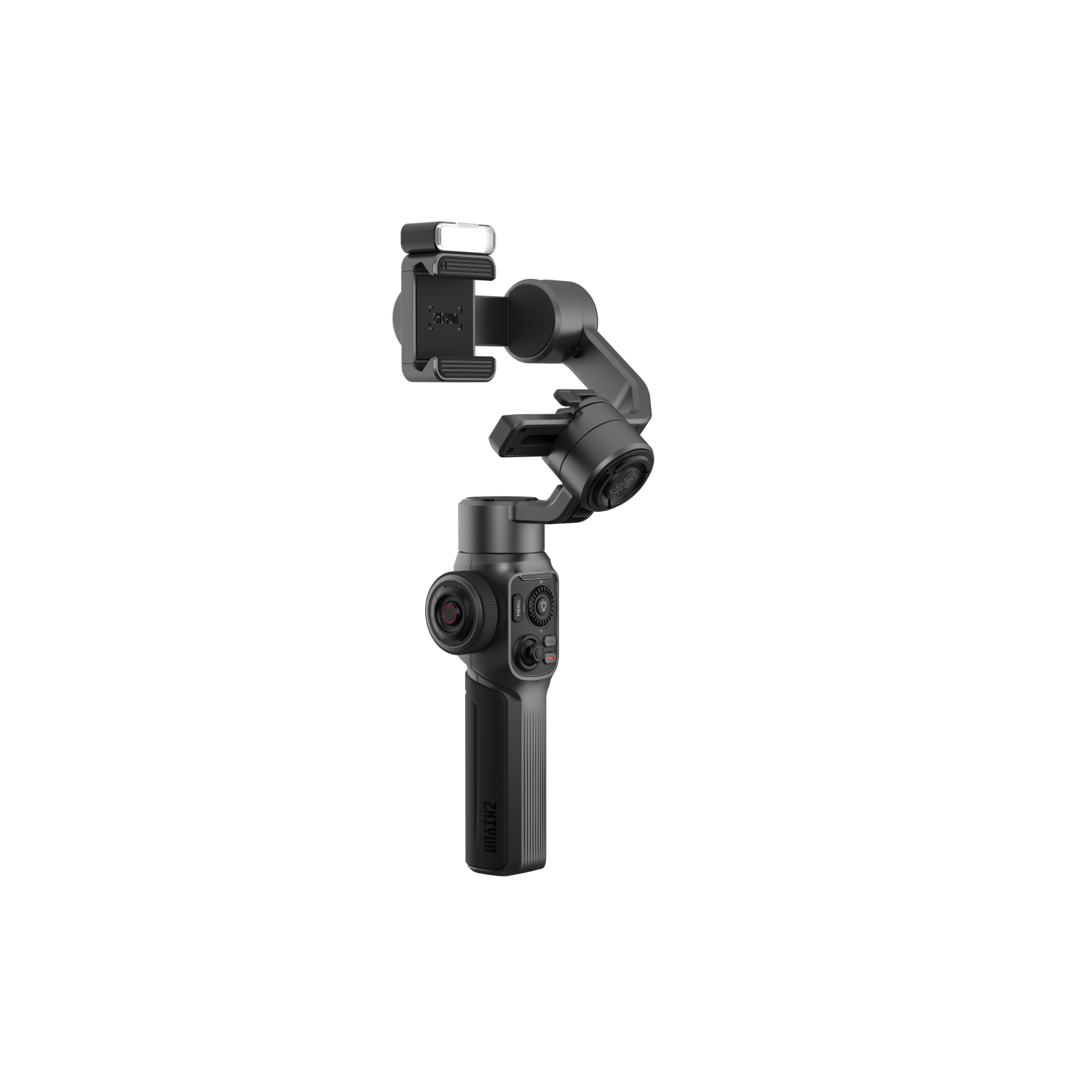 Zwarte gimbal stabilisator met een telefoonhouder en een zwarte achtergrond.