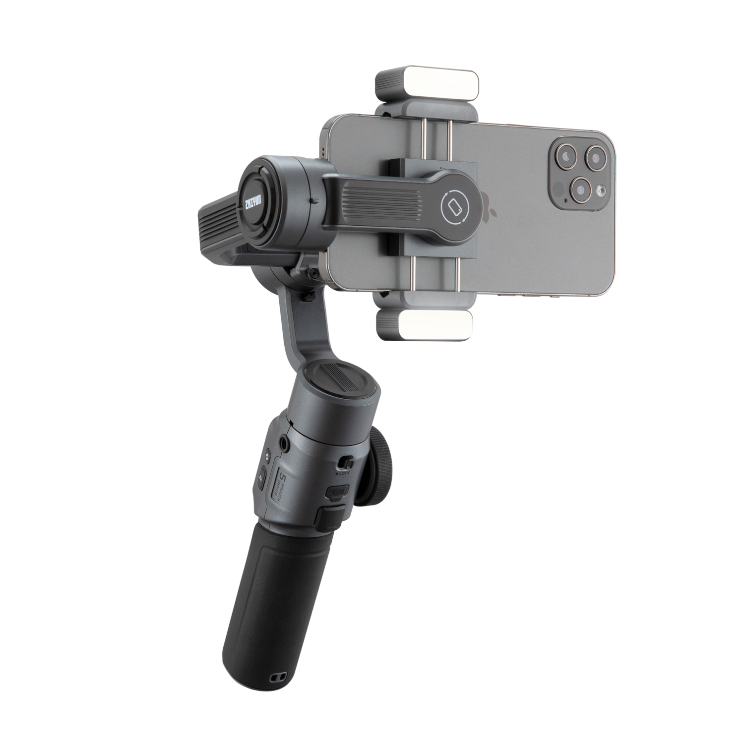 Een zwarte gimbal met een telefoon. De telefoon is grijs en de achtergrond is zwart.