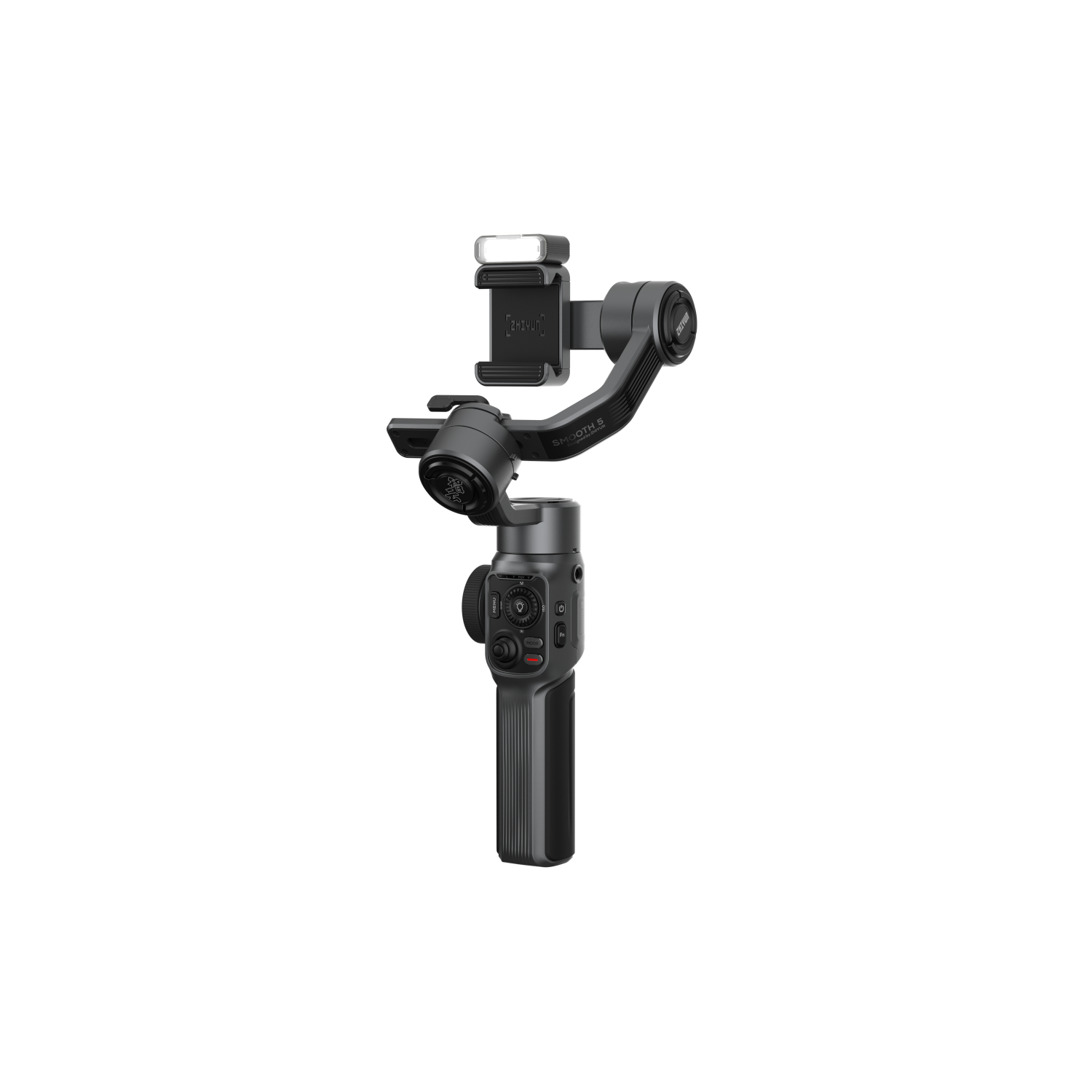 Zwarte handheld gimbal stabilisator met telefoonhouder op zwarte achtergrond.