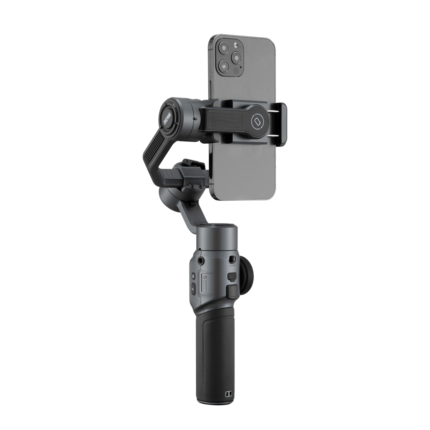 Een zwarte telefoon gimbal met een telefoon bevestigd. De gimbal is schuin, en toont zijn functies.