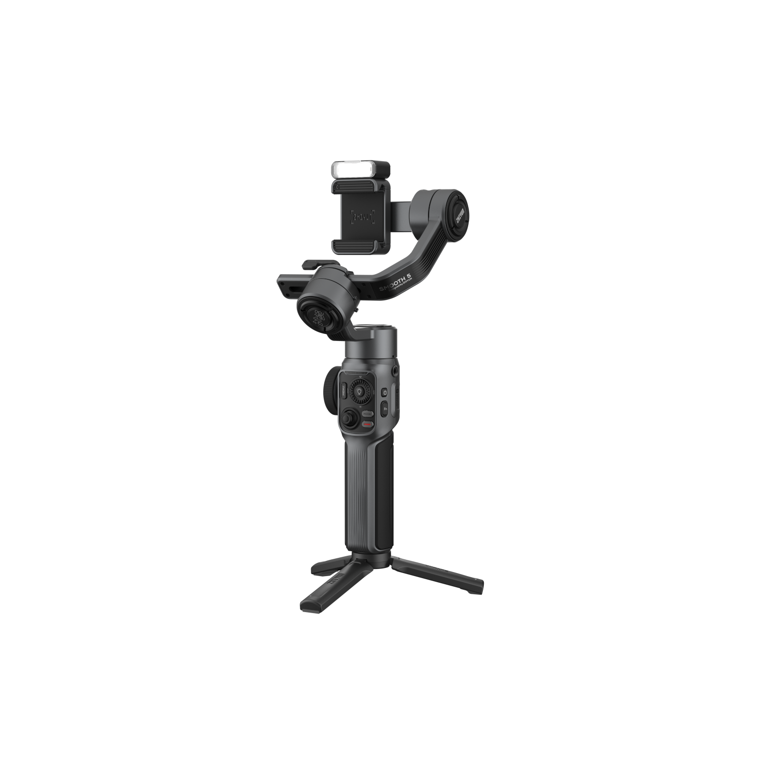 Zwarte handheld gimbal op een statief. Het heeft een telefoonhouder en verschillende knoppen. De achtergrond is zwart.