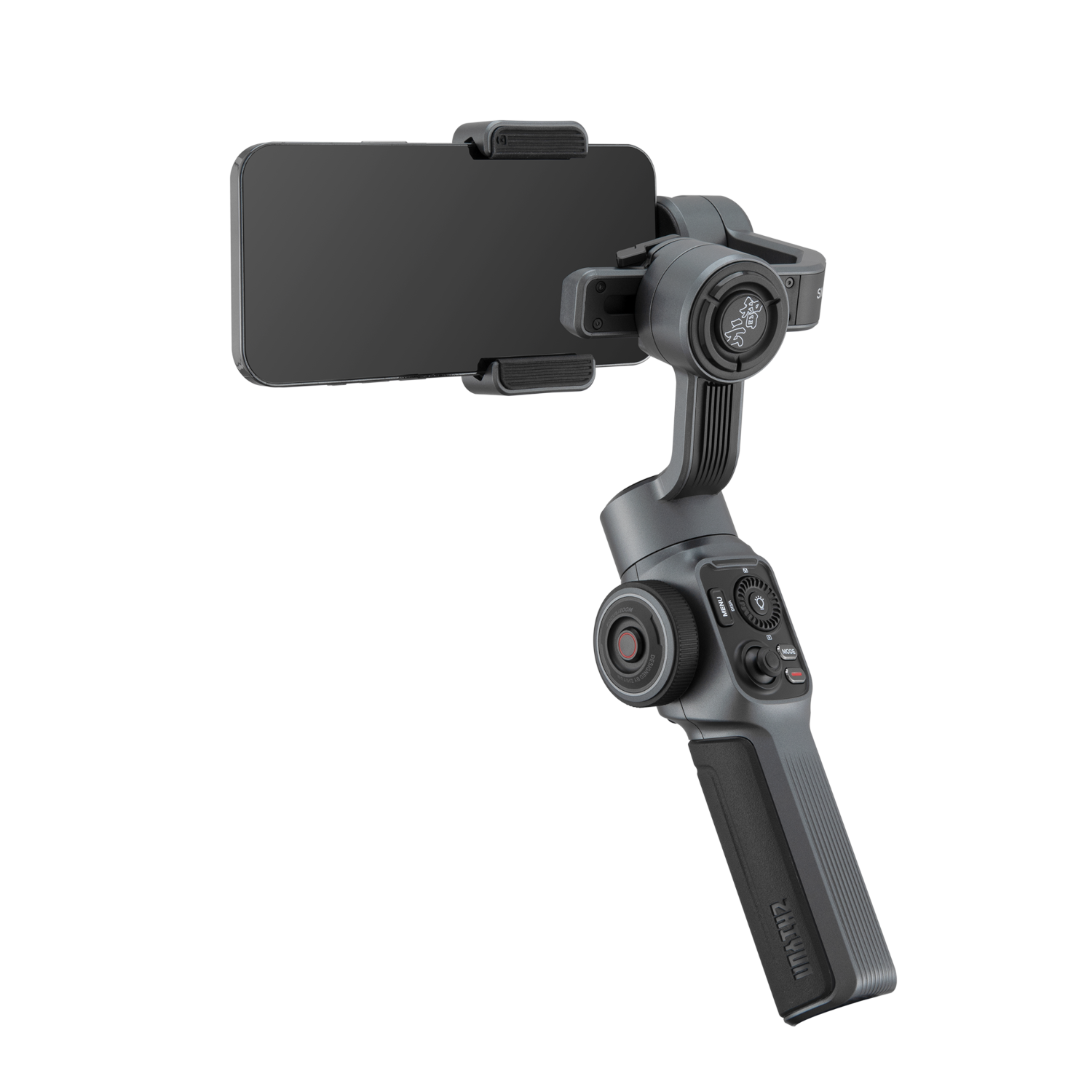 Donkergrijze handheld gimbal met zwarte smartphone. De handgreep is getextureerd.