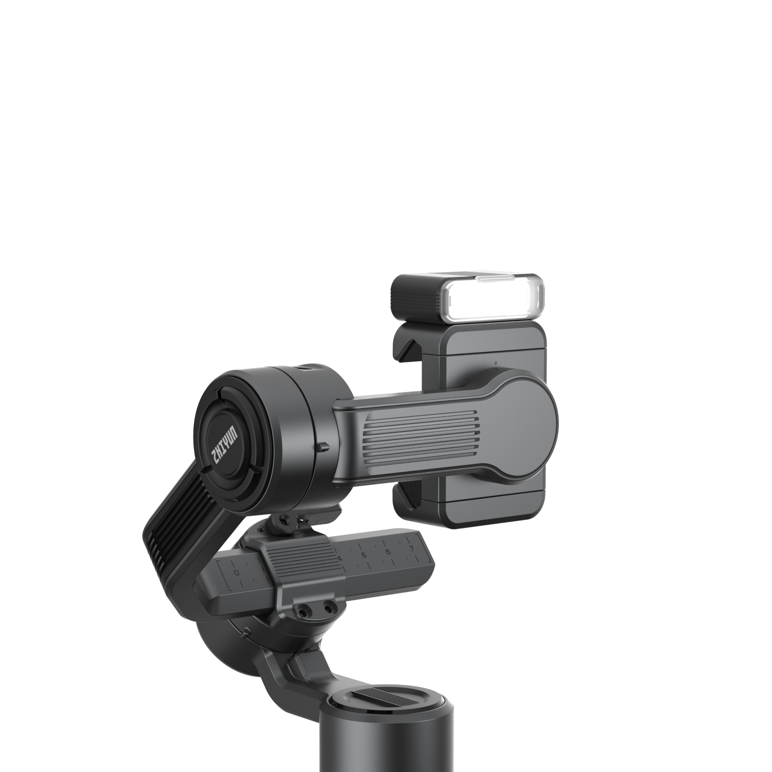 Een gimbal met een lamp bevestigd.