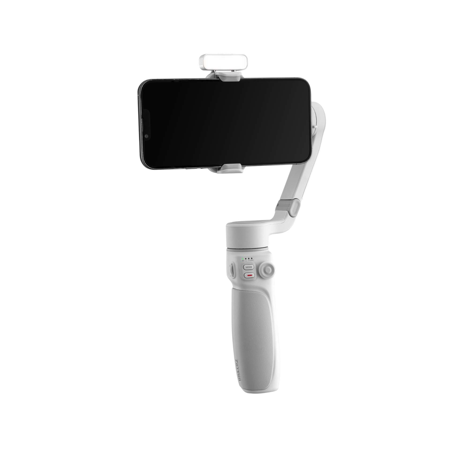 Witte en grijze telefoonstabilisator. Zwarte telefoon in houder. Witte achtergrond.