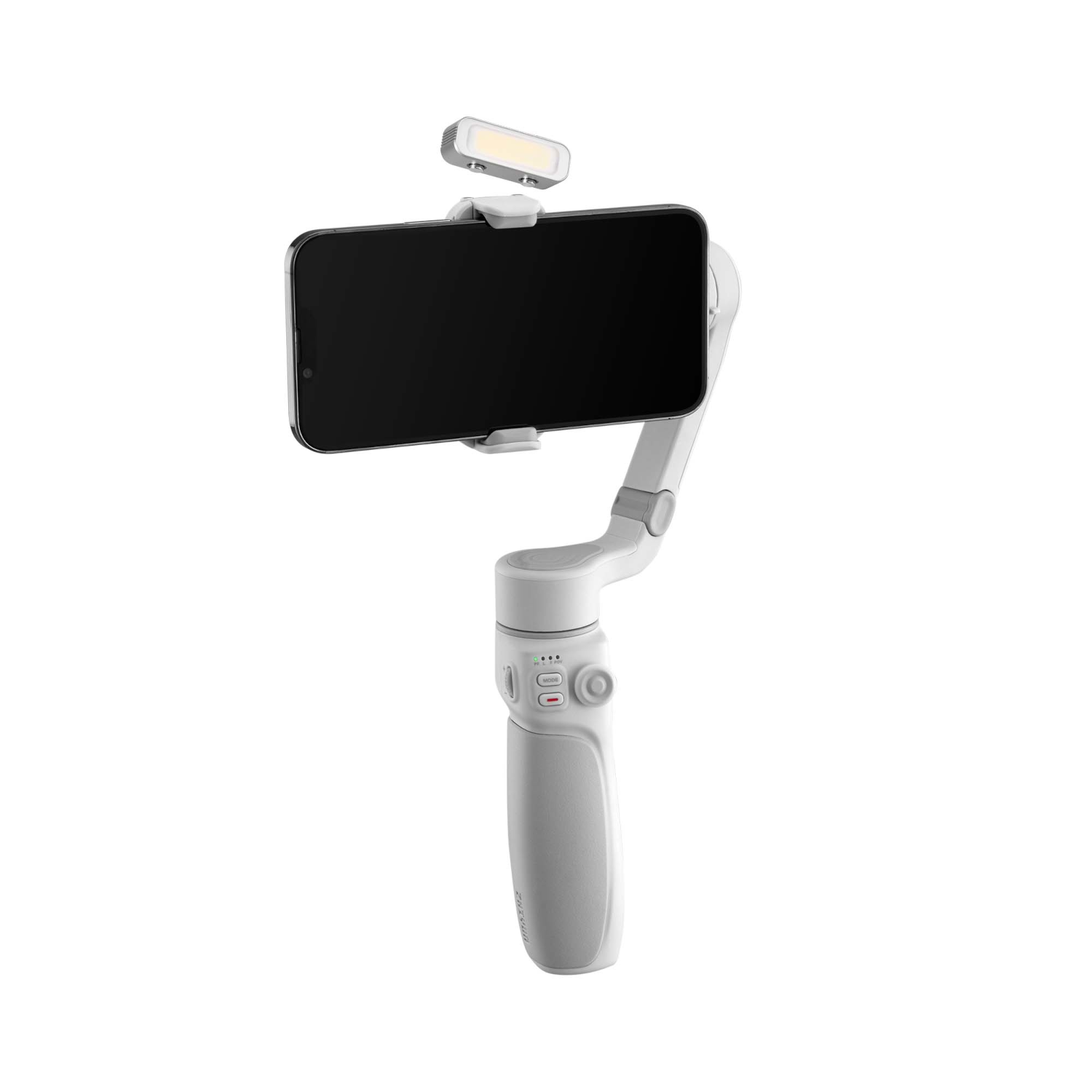 Een handheld gimbal met een smartphone bevestigd, met een licht en witte achtergrond.