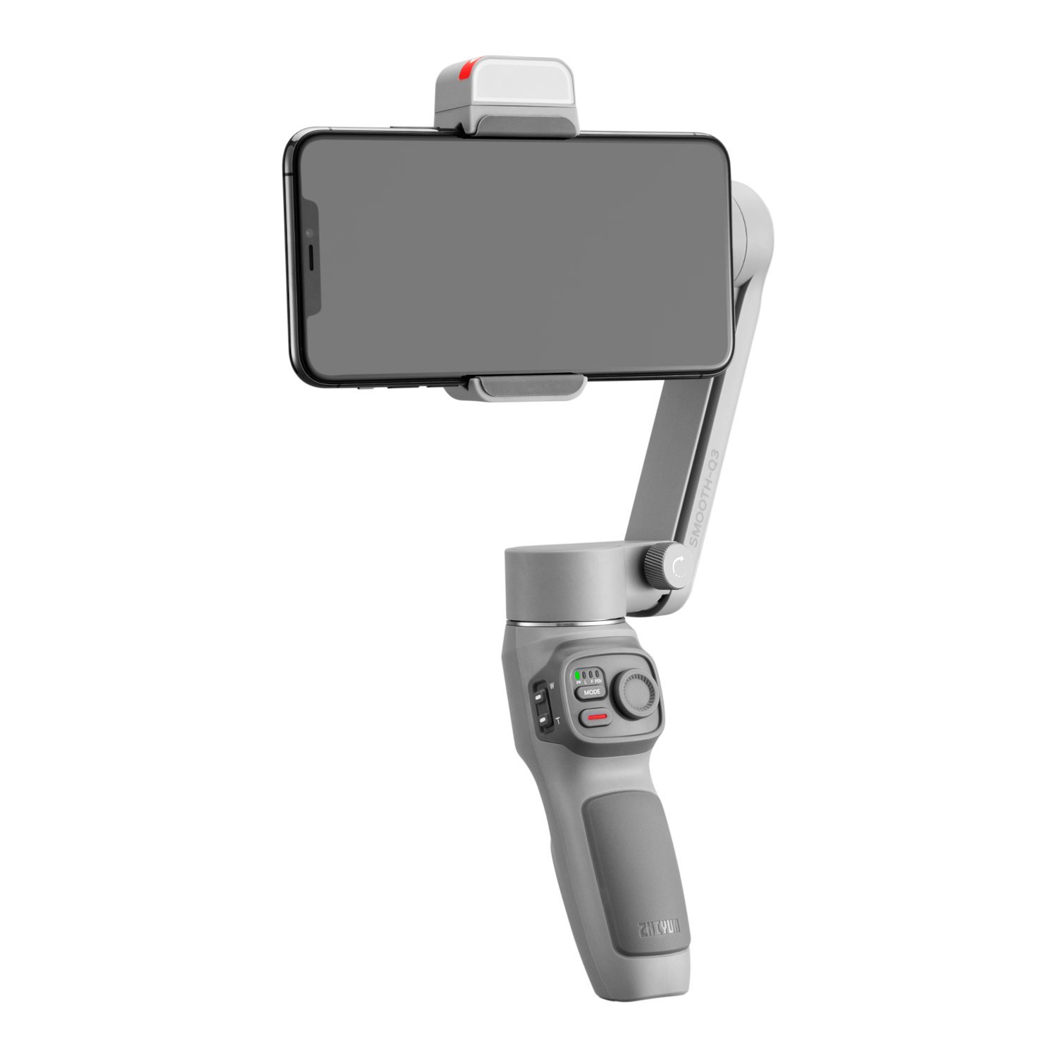 A gray smartphone gimbal with a phone attached.