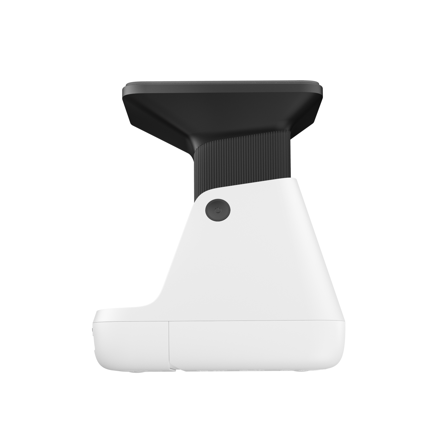 Witte camera met een zwarte bovenkant op een zwarte achtergrond. Een aan/uit-knop is zichtbaar.