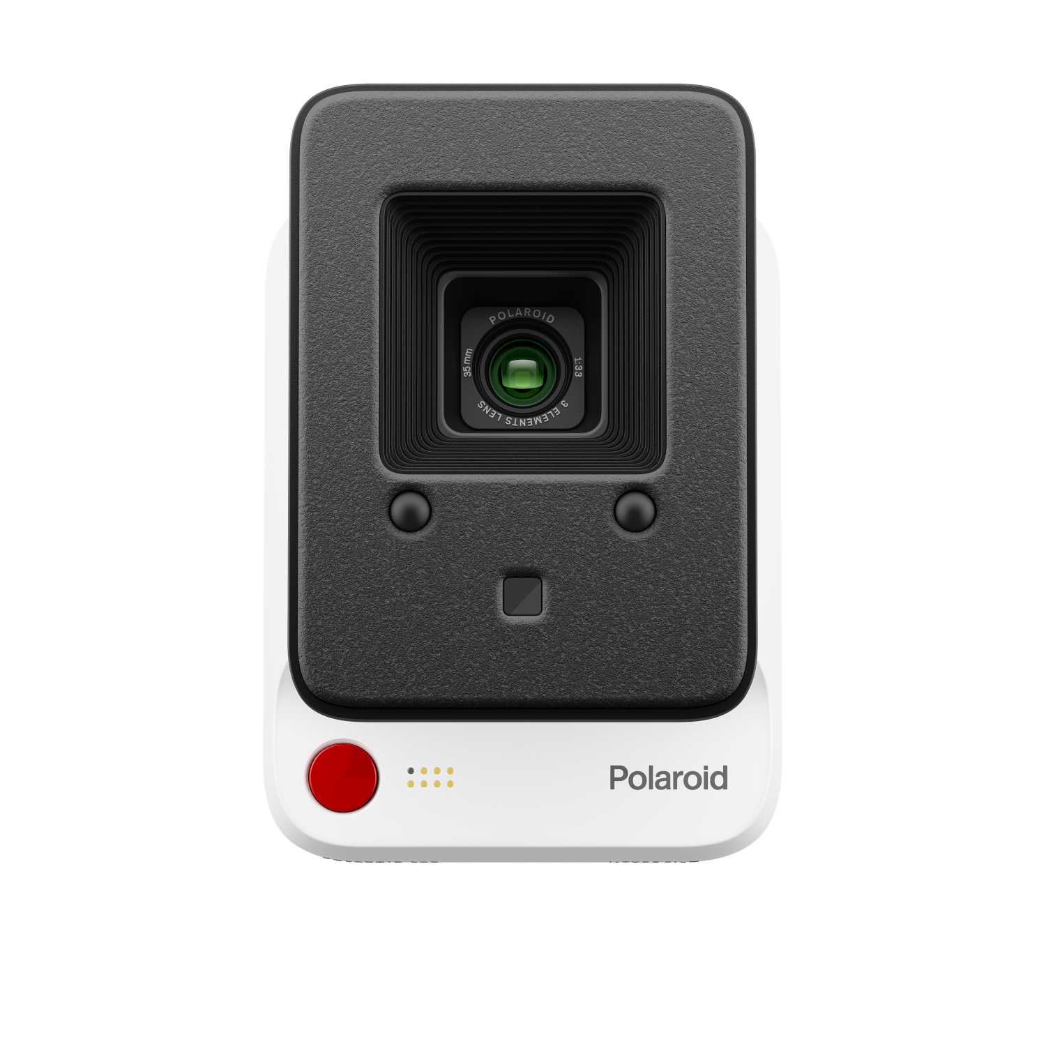 Polaroid camera. Zwart-witte behuizing, rode knop en witte basis. Polaroid logo zichtbaar.