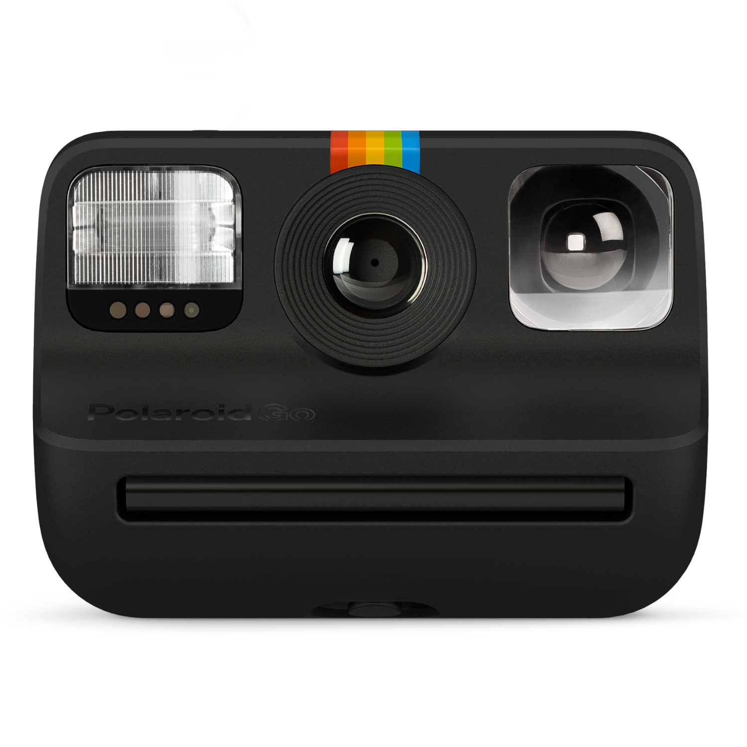 Zwarte Polaroid-camera. Hij heeft een flitser, lens en kleurenband. Het woord 'Polaroid Go' staat erop.