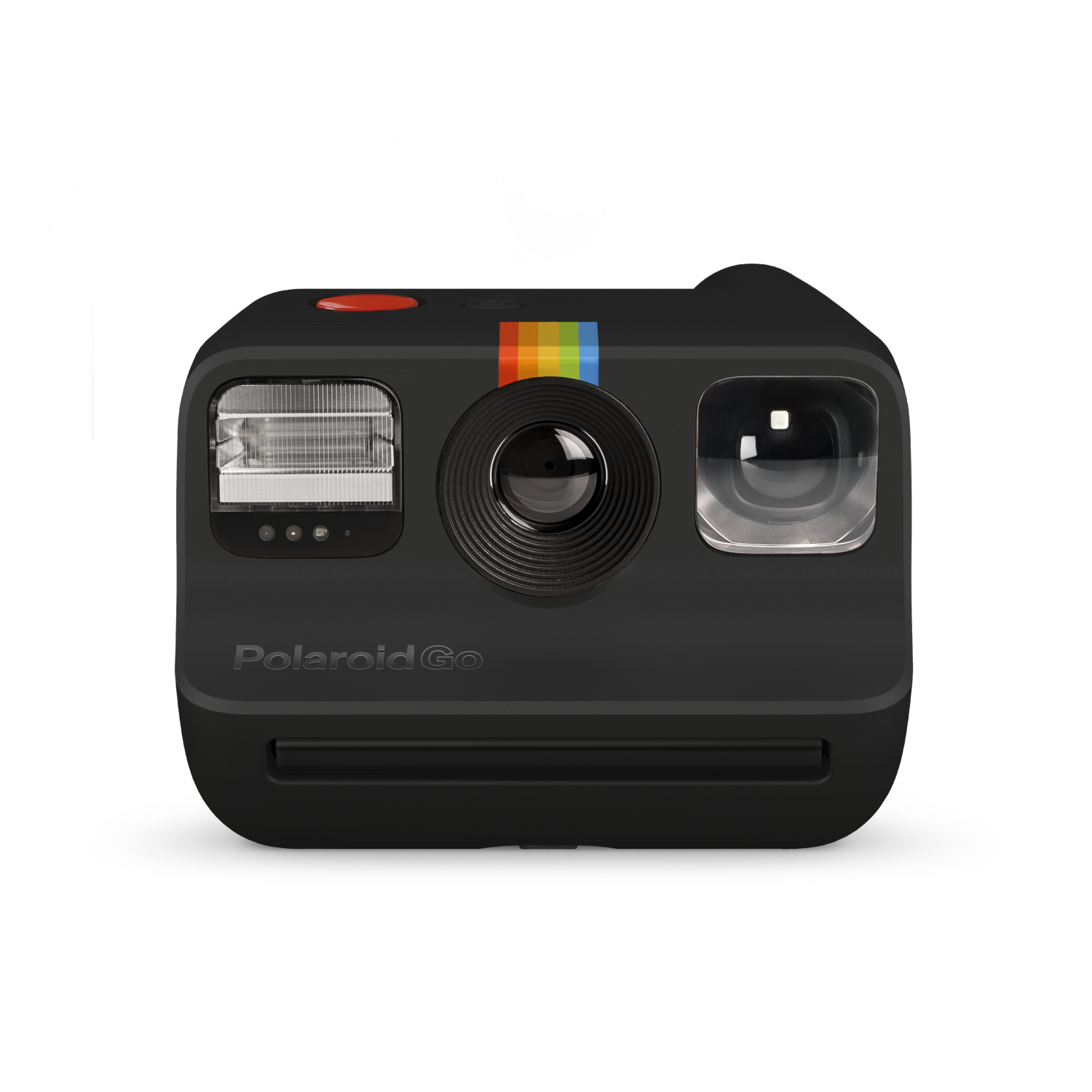 Zwarte Polaroid Go instant camera met een flitser.