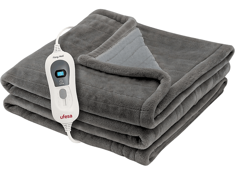 Manta eléctrica - Ufesa Softy Fleece, 120 W, 3 Niveles de temperatura, Auto apagado a las h, Gris