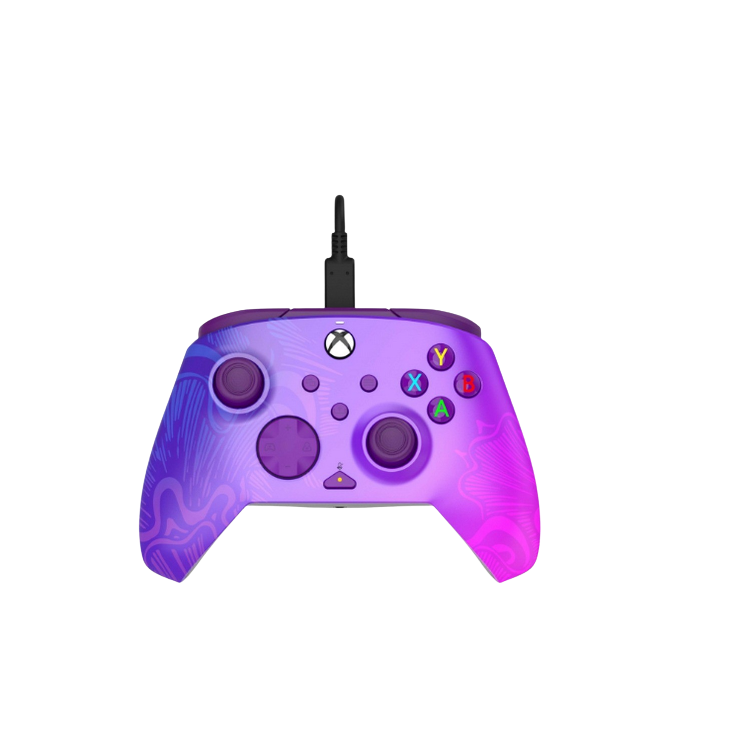 Mando Xbox morado con botones coloridos y cable negro.
