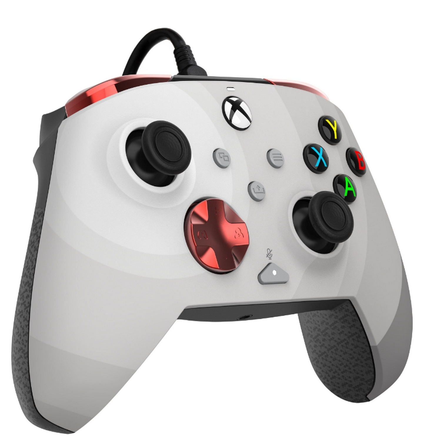 Mando de Xbox blanco y gris con detalles en rojo. Tiene botones, joysticks y un puerto para micrófono.