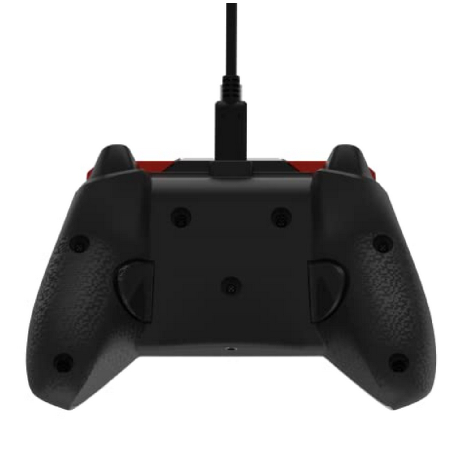 Parte trasera de un mando de juegos negro, con asas y cable conectado.