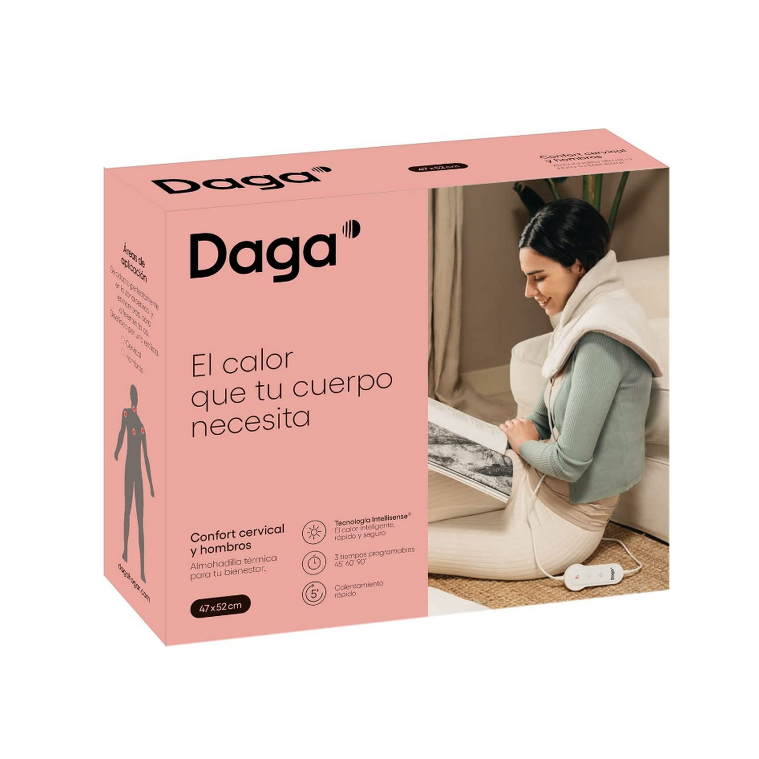 Caja rosa con una mujer usando un cojín térmico para el cuello. Texto: “El calor que tu cuerpo necesita”.