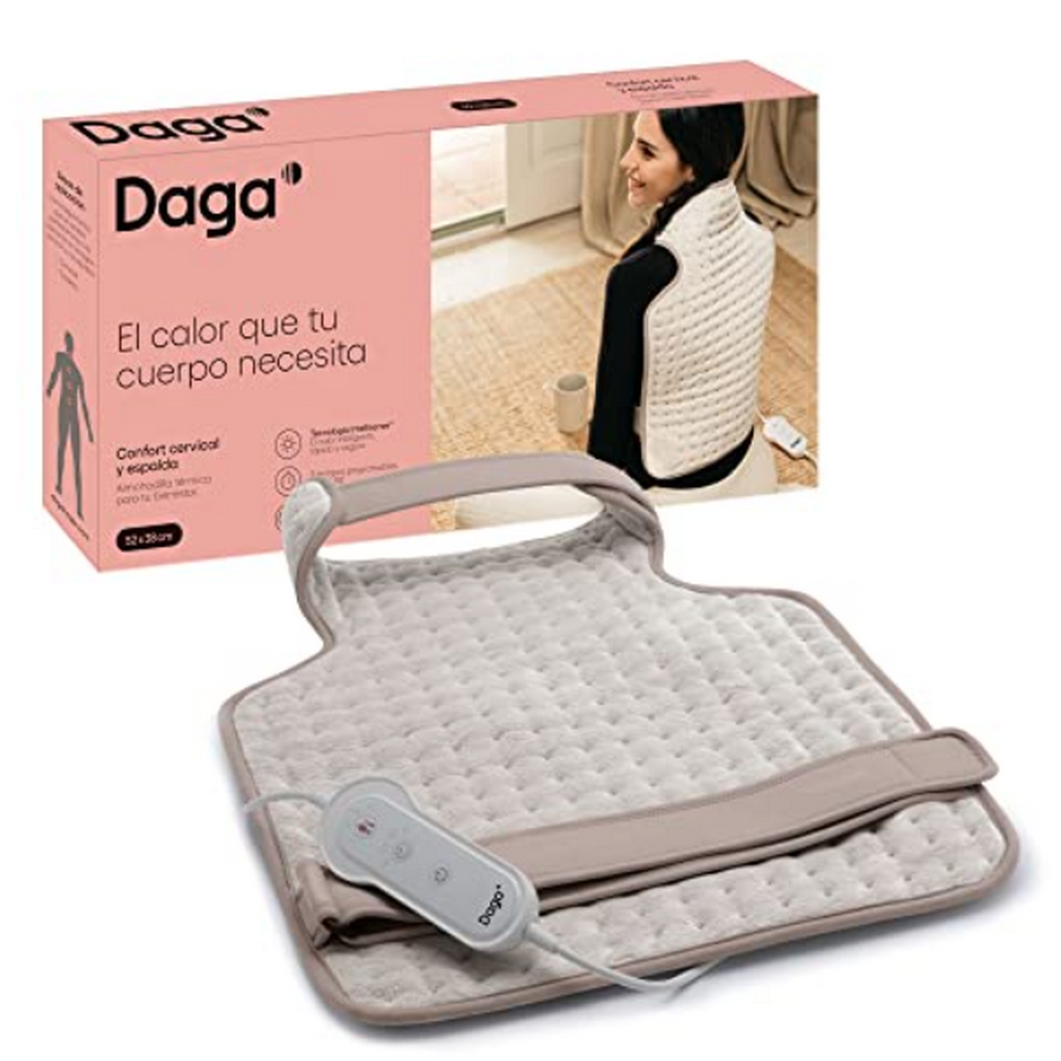 Una almohadilla térmica y una caja. La caja muestra a una mujer que lleva la almohadilla.