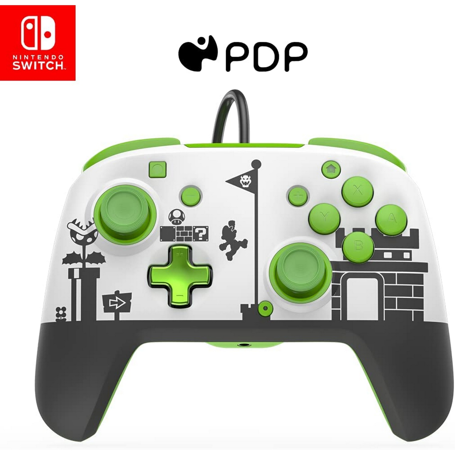 Mando Nintendo Switch, blanco, verde, negro, con arte del juego.