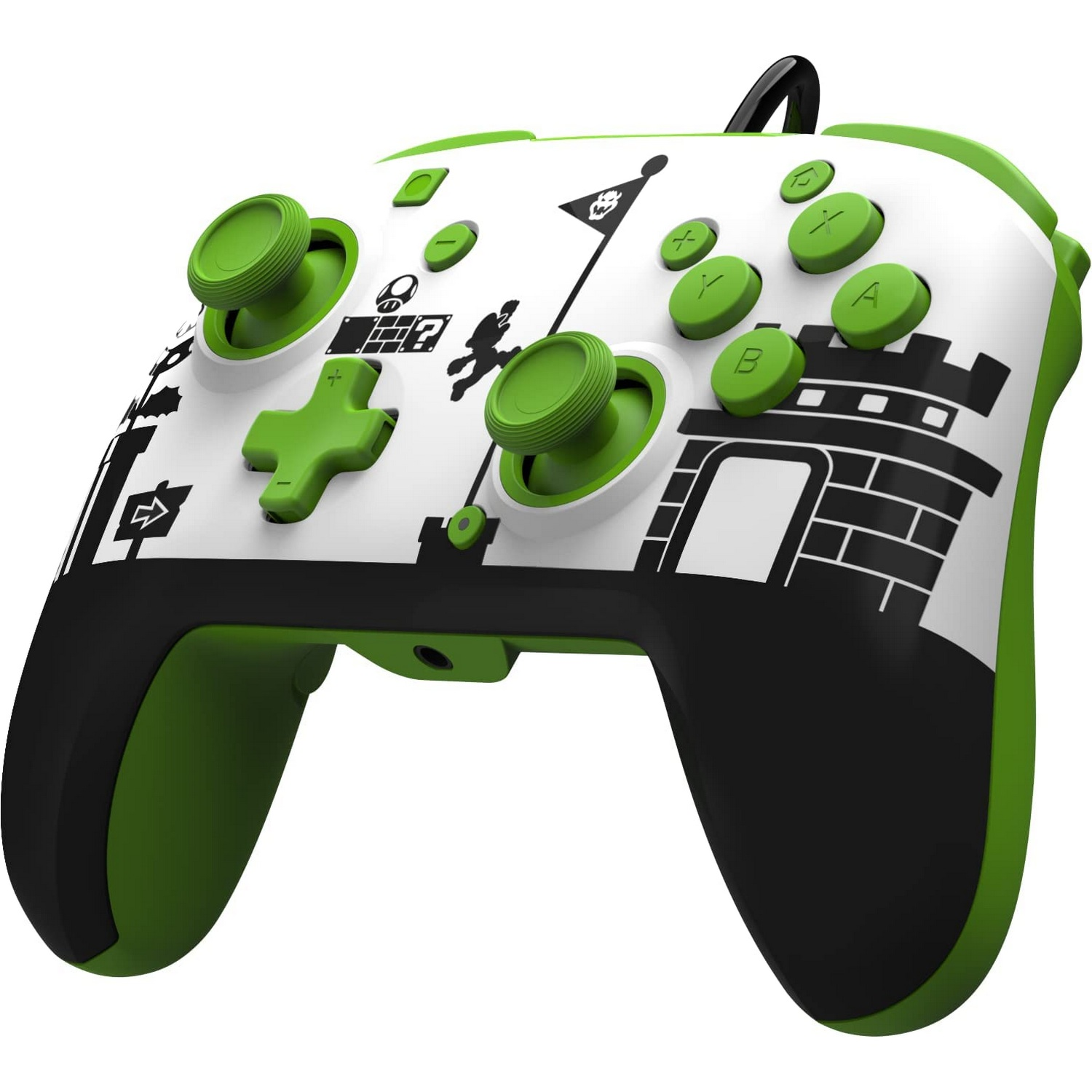 Controlador Nintendo Switch blanco y verde con gráficos de Mario y botones verdes.