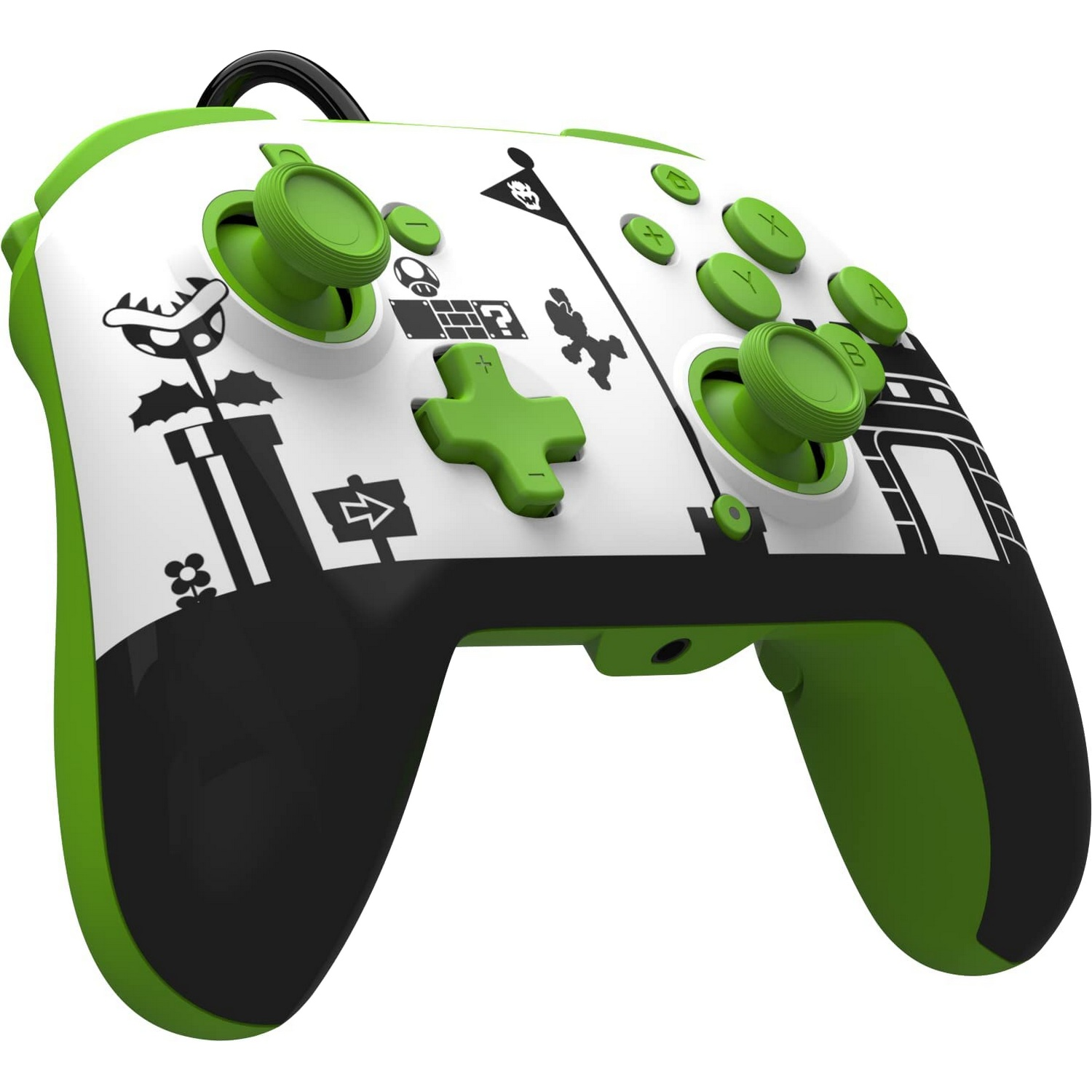 Mando de juego verde y blanco. Diseño temático de Mario, gráficos y texto en blanco y negro. Botones verdes.