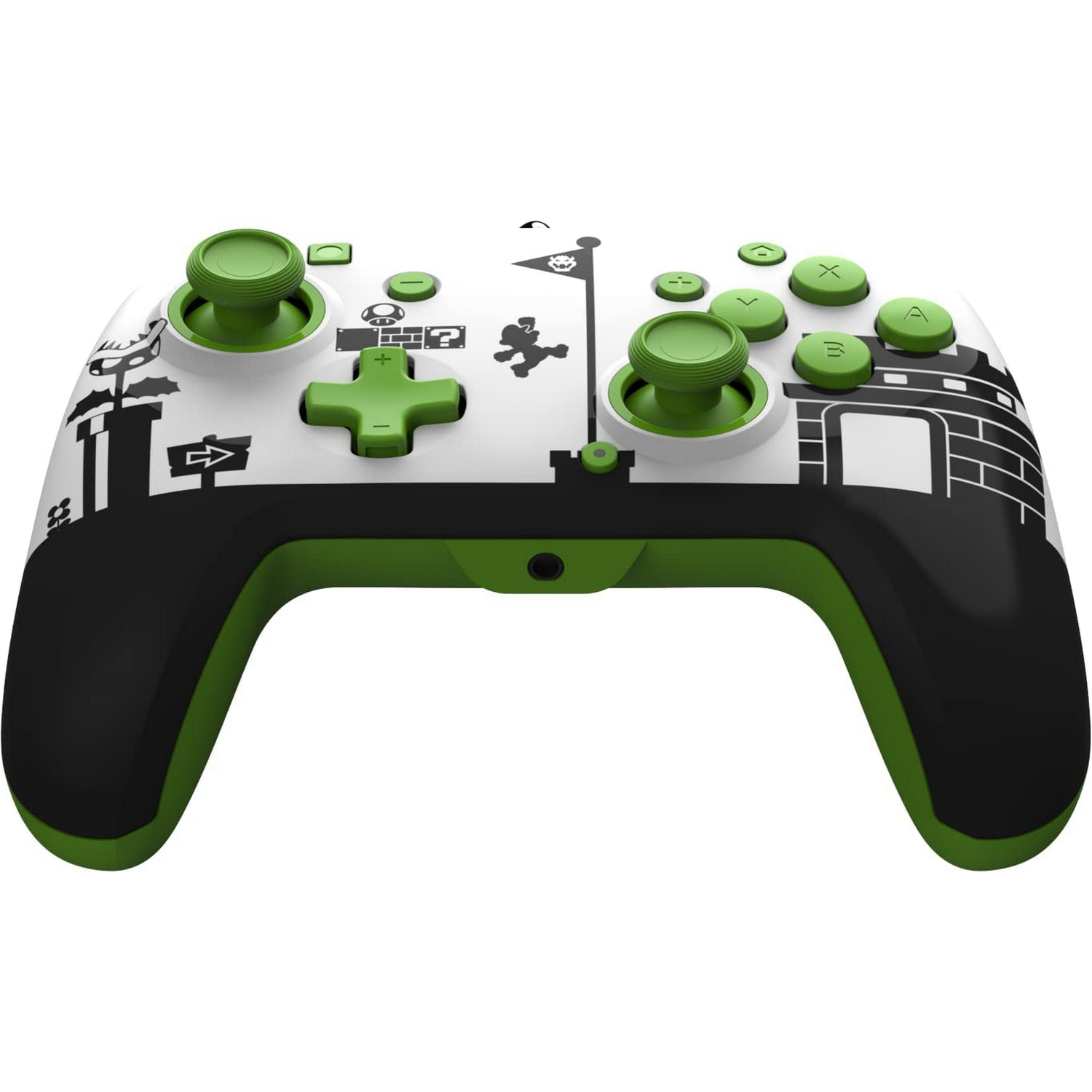 Mando de juegos con tema de Mario. Colores blanco, verde y negro. Botones y joysticks visibles.